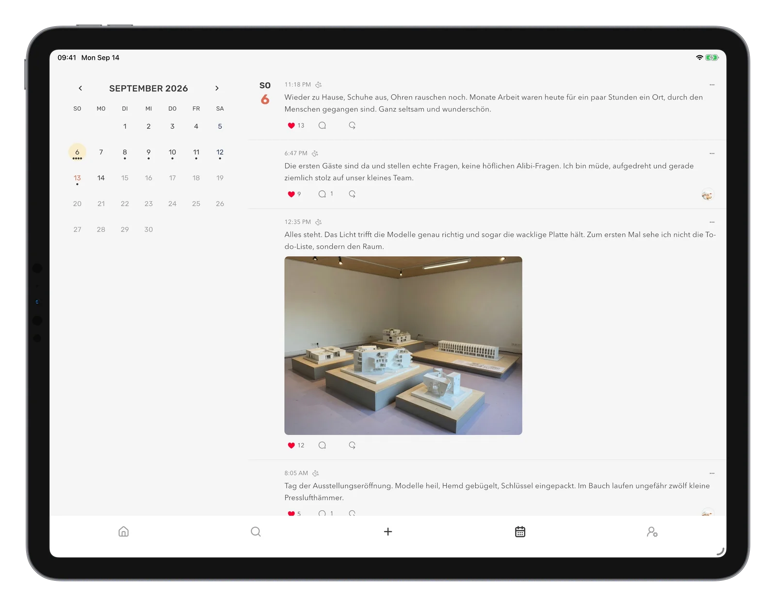 Mouton auf dem iPad im Querformat: links der Kalender, rechts Tagebucheinträge und ein Foto.