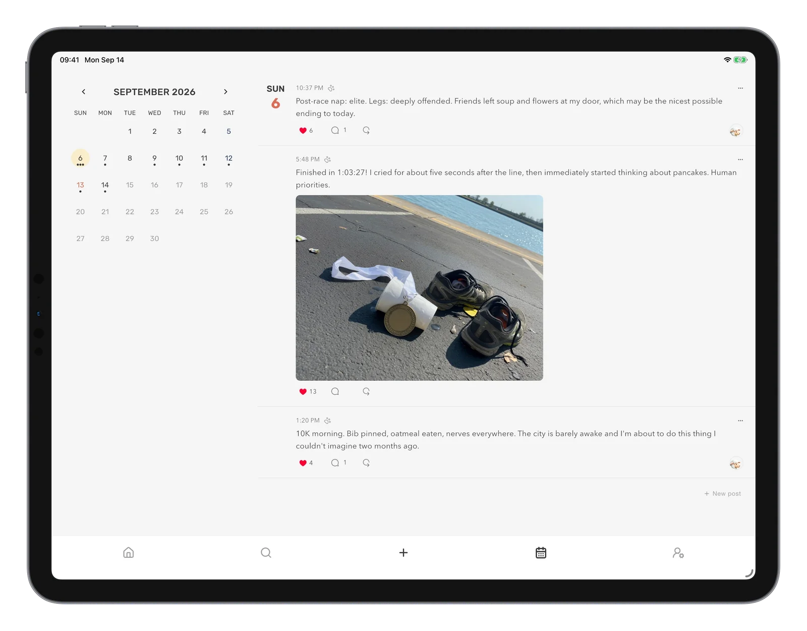 Mouton on iPad in landscape, with the calendar on the left and journal entries and a photo on the right.