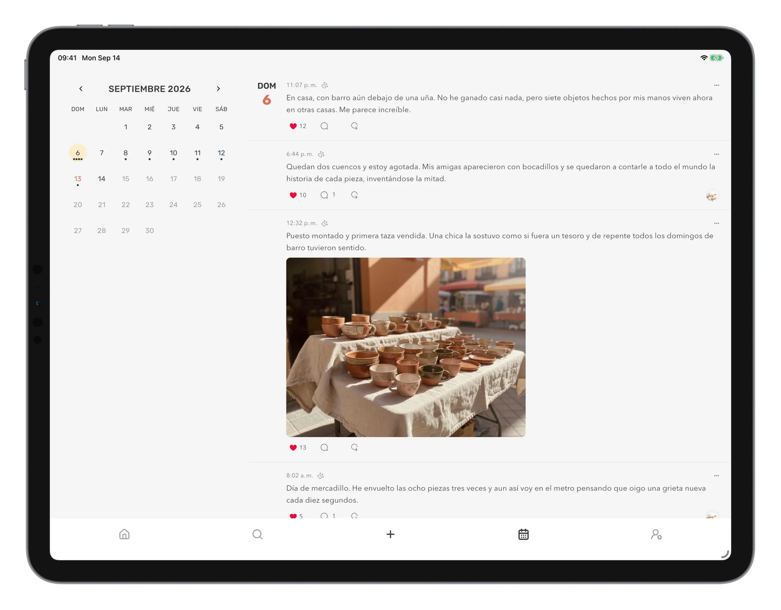 Mouton en un iPad en horizontal, con el calendario a la izquierda y entradas del diario y una foto a la derecha.
