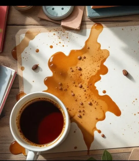 A cup of coffee next to a coffee-soaked notebook