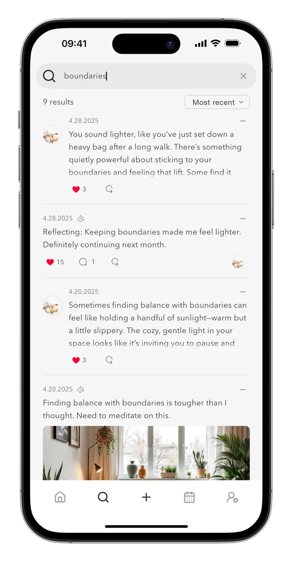Search results for a keyword across entries and replies