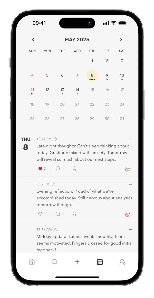 Calendar with dots under the days that have entries